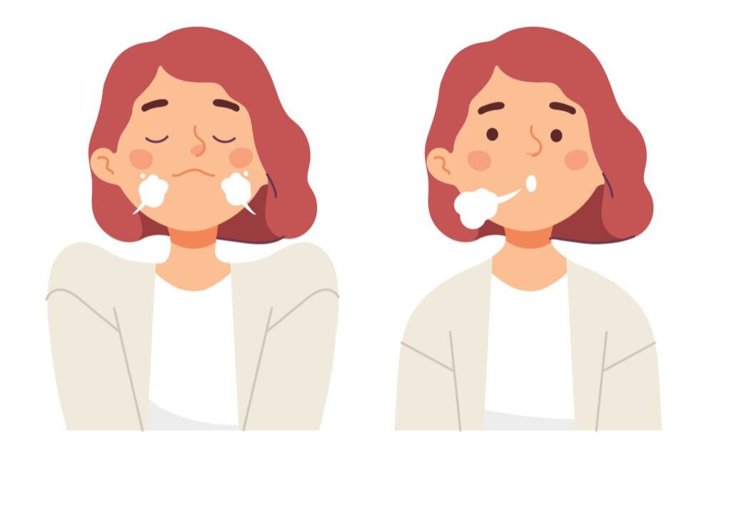 women doing inhale exhale breath exercise for calm stress relief