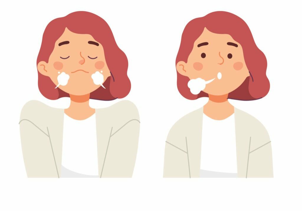women doing inhale exhale breath exercise for calm stress relief